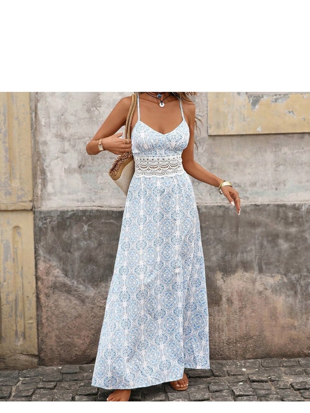 Blue And White Boho Women's Floral Print Contrast Lace Spaghetti Strap Dress